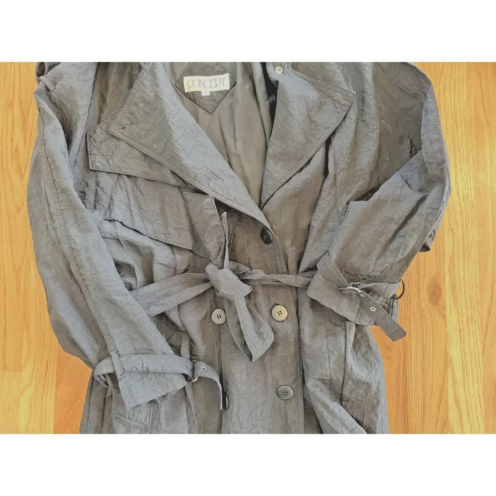 Vintage Concept Women's Black Crinkled Double-Breasted Trench Coat - Size 11